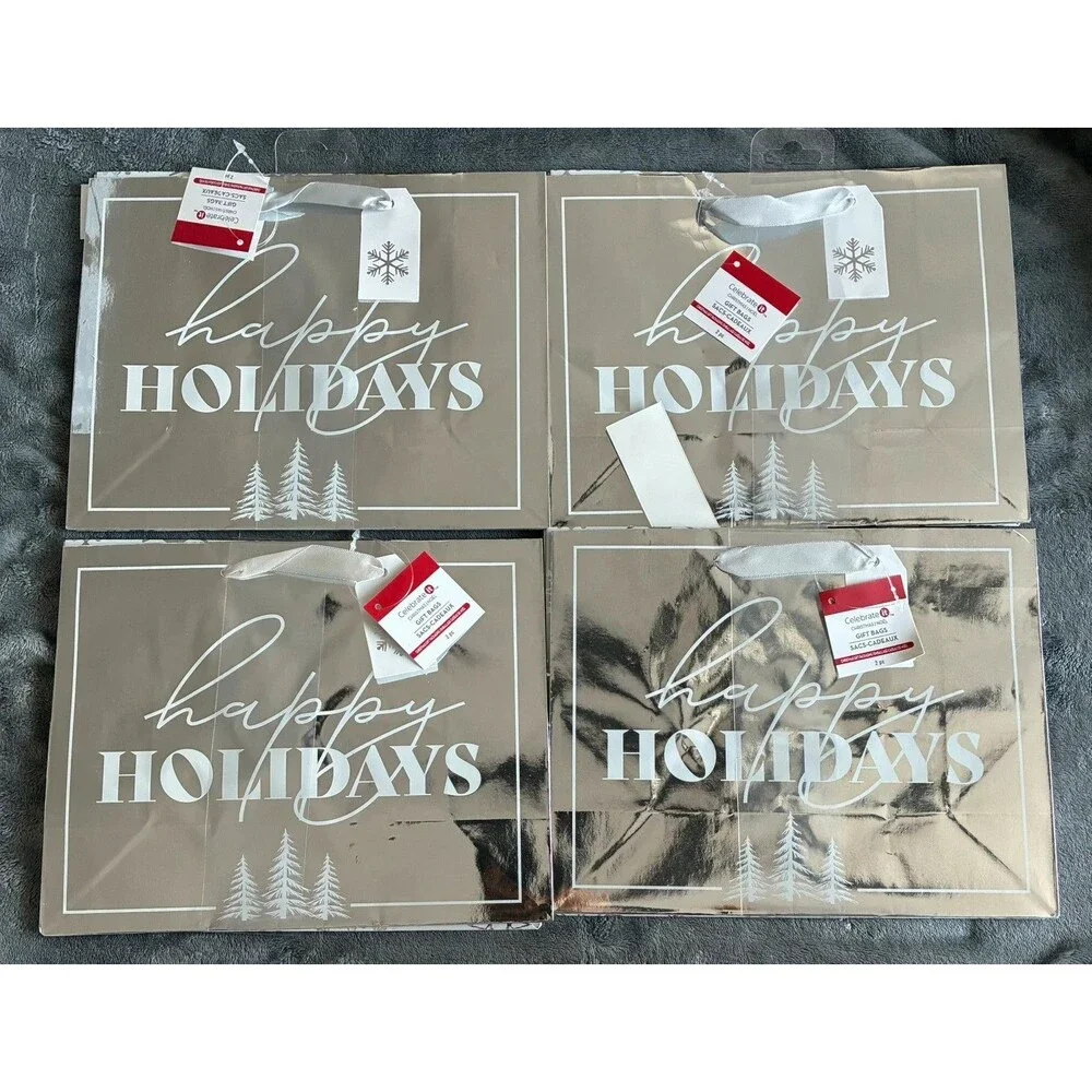 Set of 8  Christmas Gift Bags Happy Holidays  Metallic Holiday Bags
